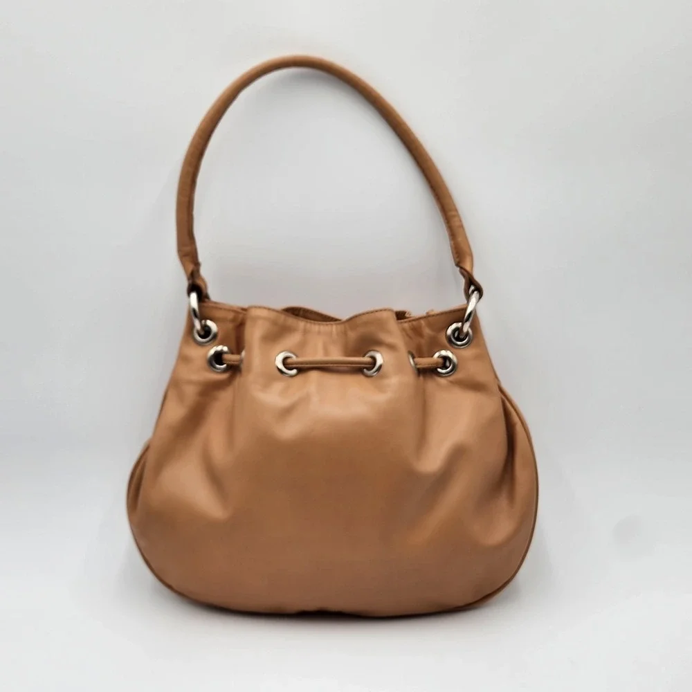 Furla Hobo Shoulder Bag Tan Soft Smooth Leather Drawstring Studded Authentic